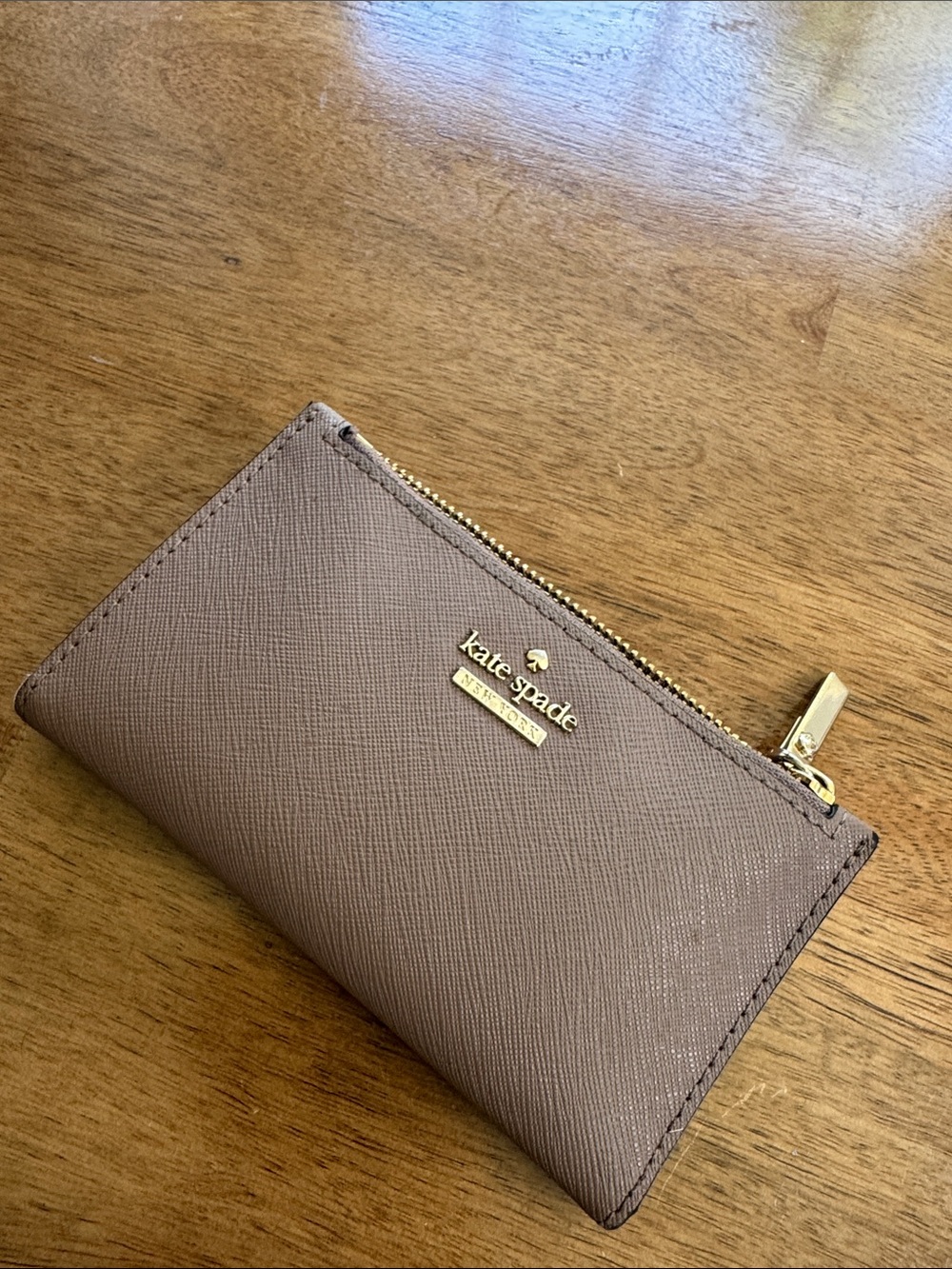 kate spade taupe brown zip card holder with gold hardware